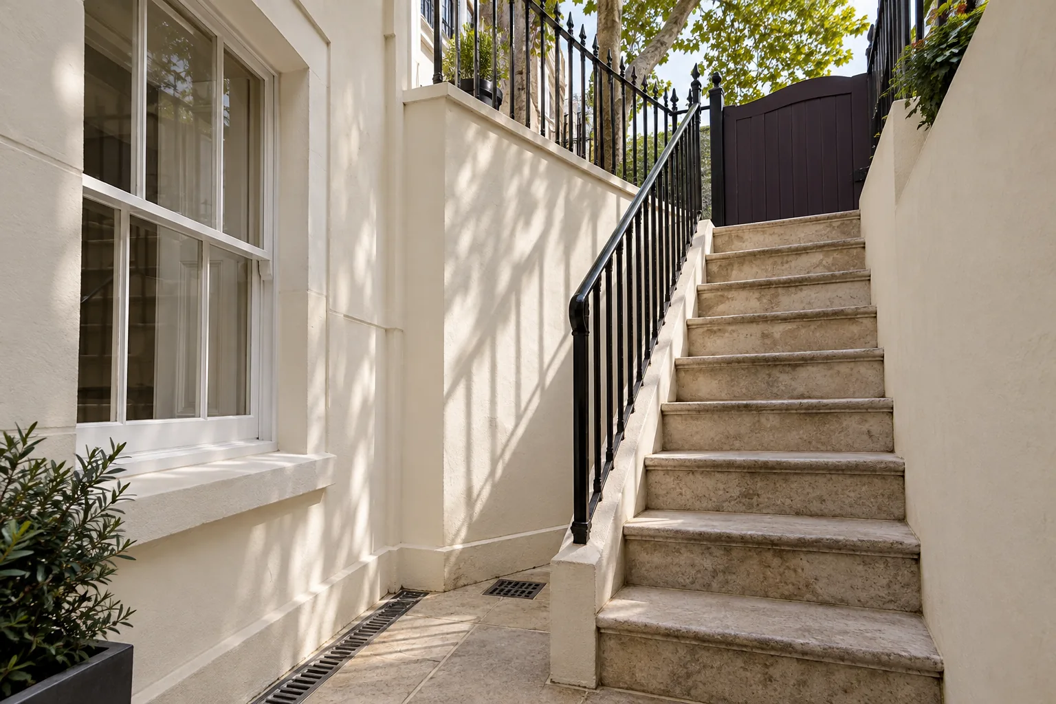 Basement lightwell with painted iron railings and stone steps rising to street level