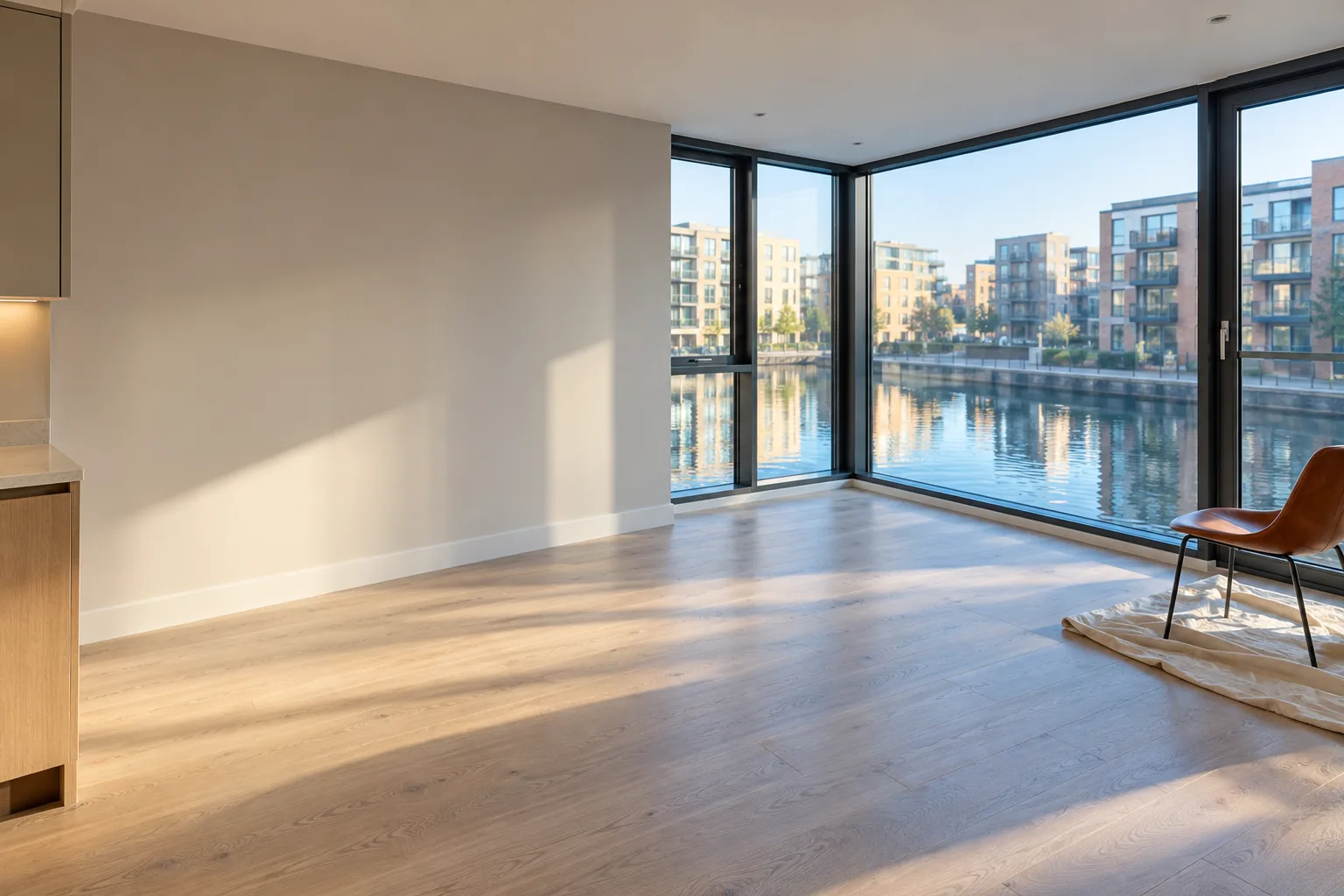 Modern apartment interior with broad windows and a view across water