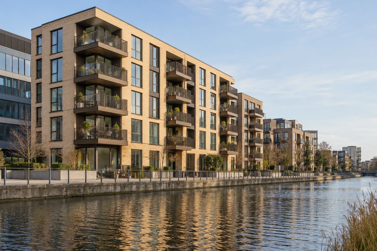 Contemporary apartment buildings beside a canal