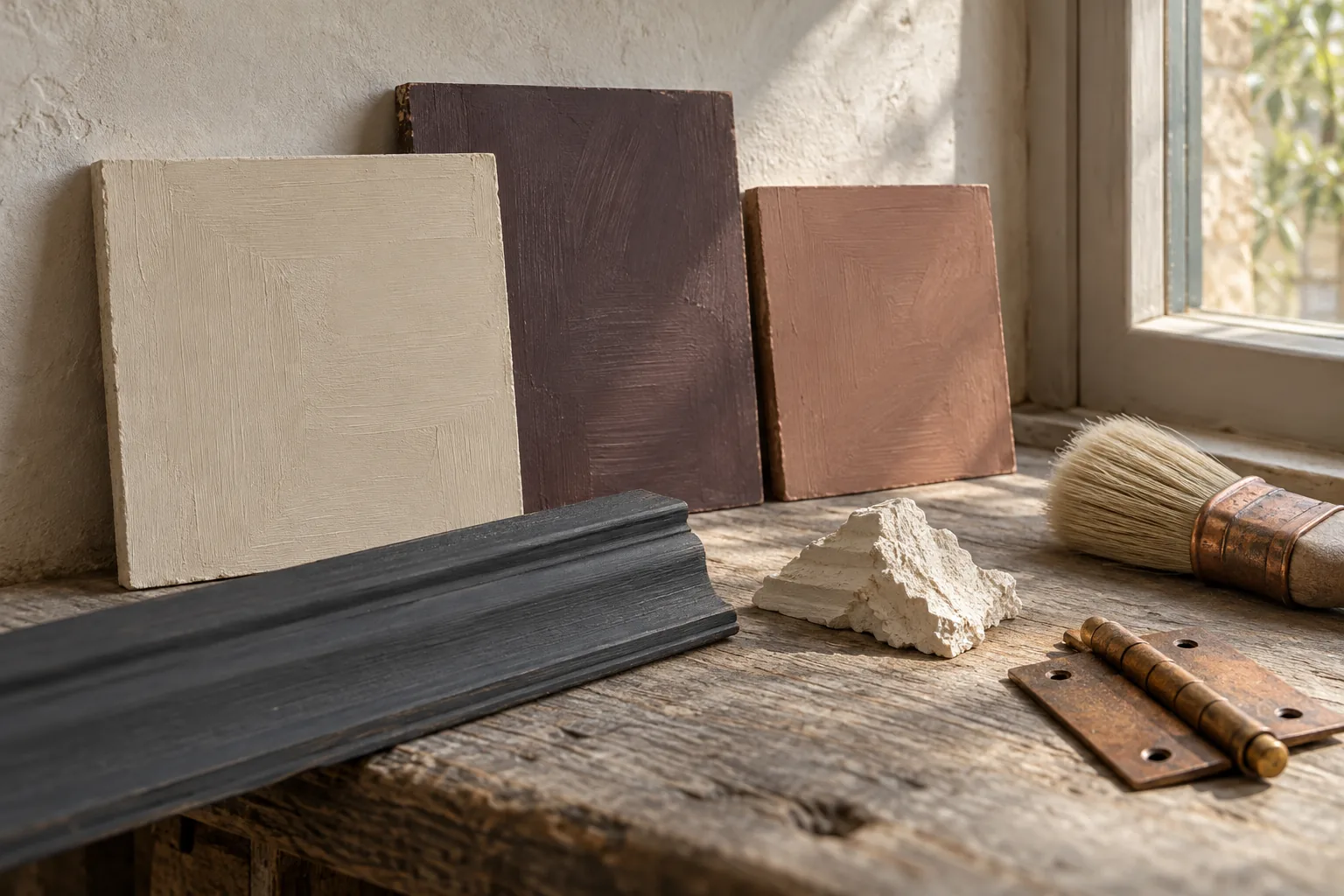Paint and material samples in chalk, muted plum and warm stone tones