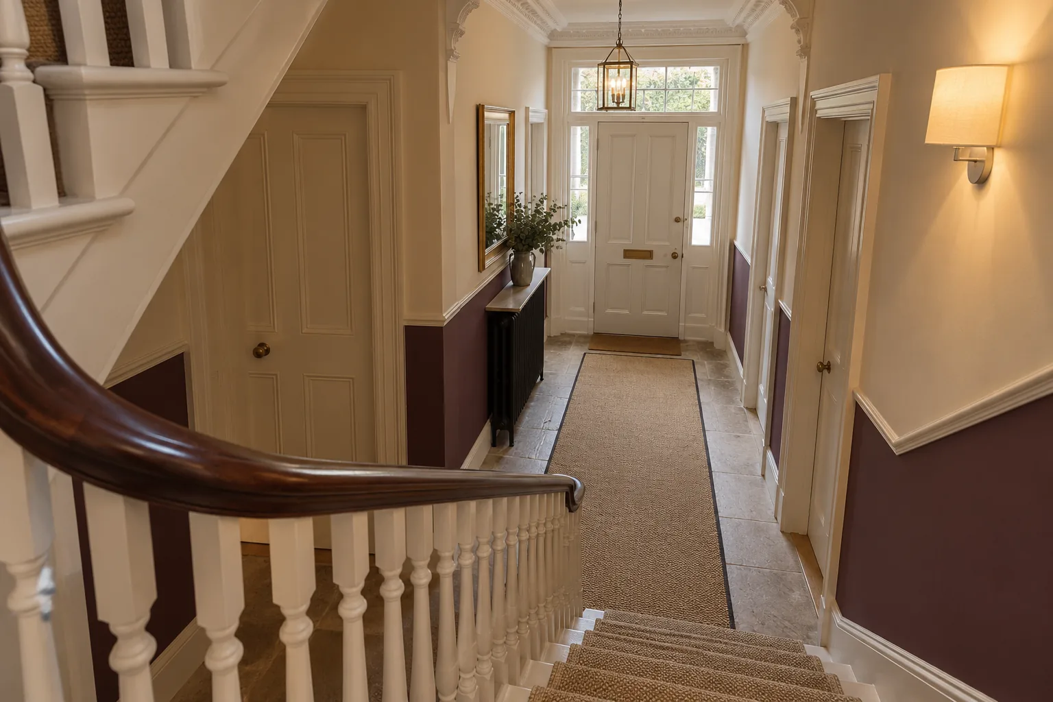 Painted entrance hall and communal staircase inside a converted terrace house