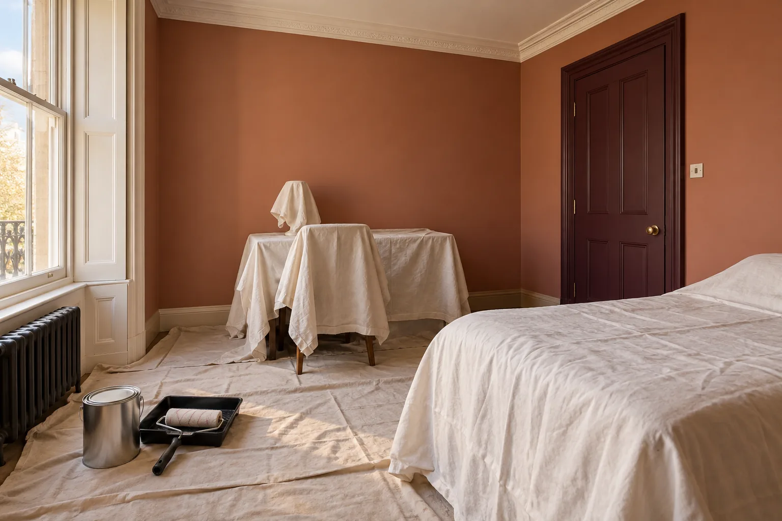 Guest room with furniture protected and paintwork in progress